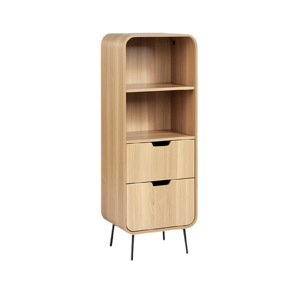 **Moderne houten kast met lade en open planken**