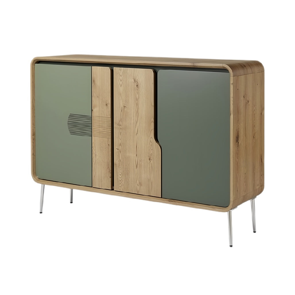 **Technische titel in het Nederlands:** Moderne houten kast met glazen deuren en metalen poten
