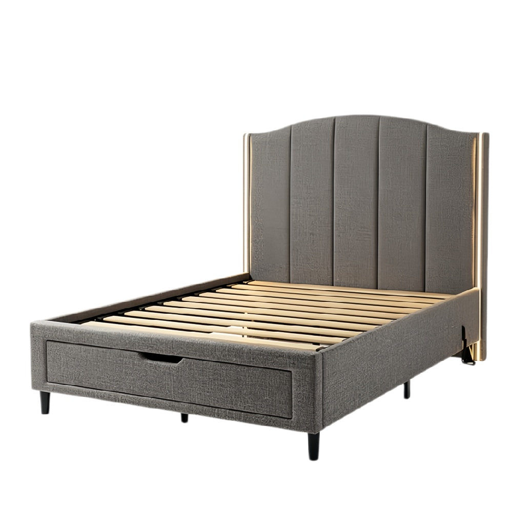 **Technische titel in het Nederlands: Moderne stofbed met opbergruimte en houten lattenbodem**