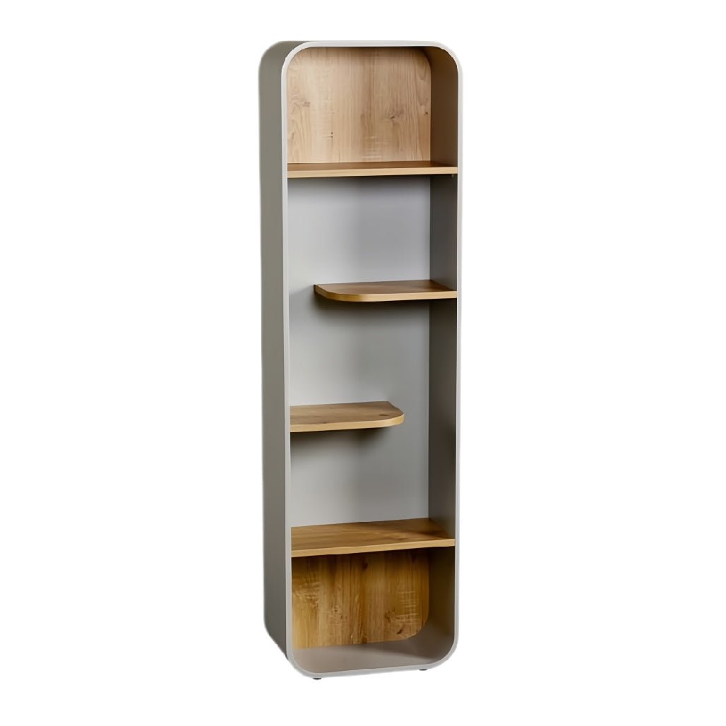 **Technische titel in het Nederlands: Moderne open kast met houten planken en minimalistisch ontwerp**